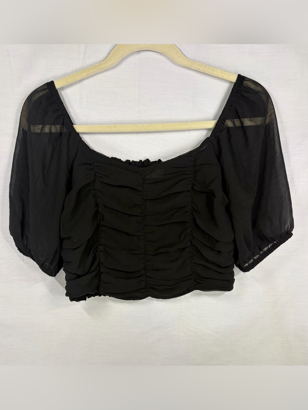 Altar’d State Black Ruched Milkmaid Crop Top Sheer Puff Sleeve Medium